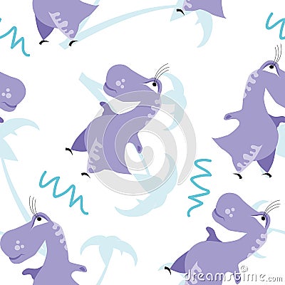 Seamless dinosaur pattern. Animal white background with violet dino. Vector illustration. Vector Illustration
